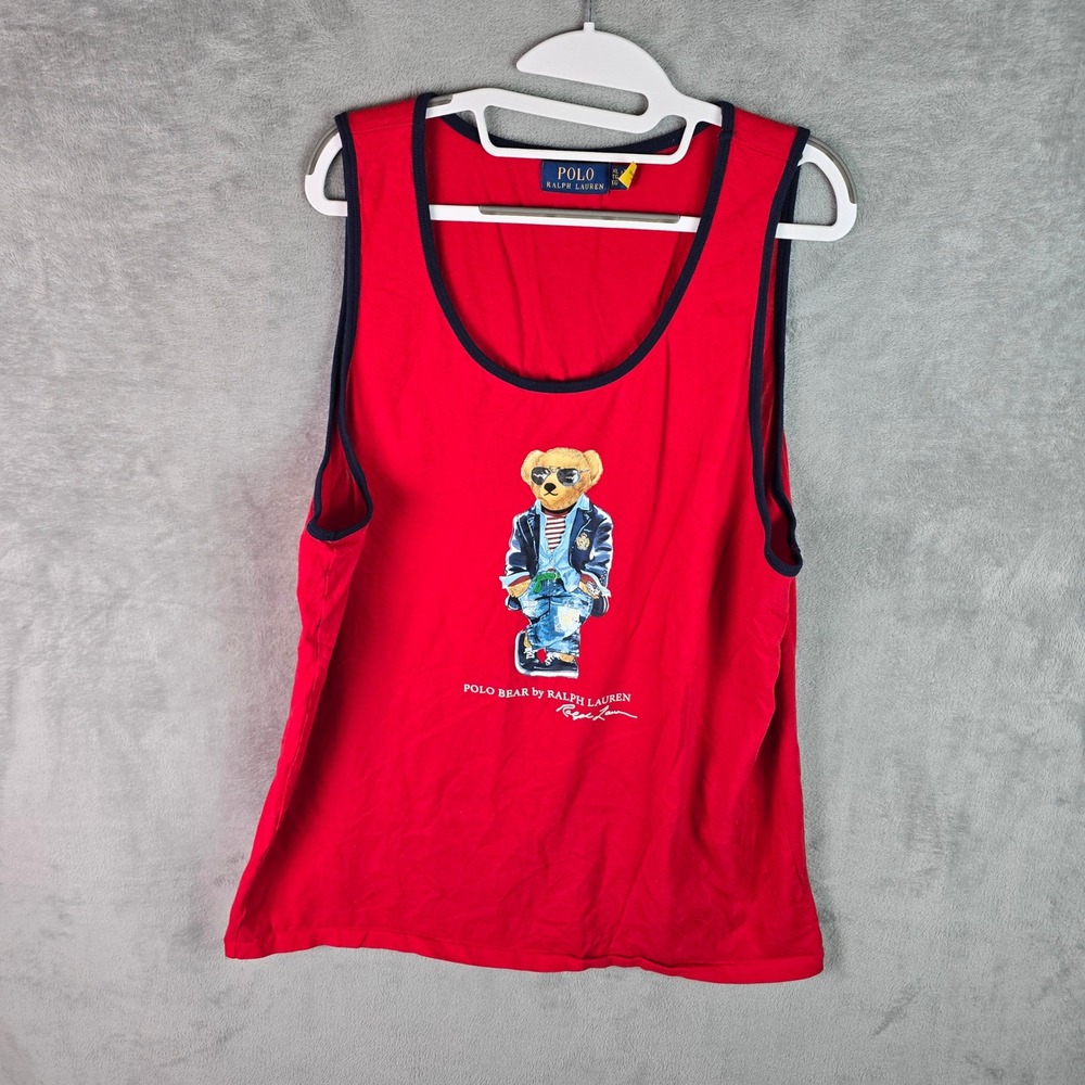 Polo Ralph Lauren Polo Bear Tank Top Red Navy Trim Mens XL Graphic Sleeveless